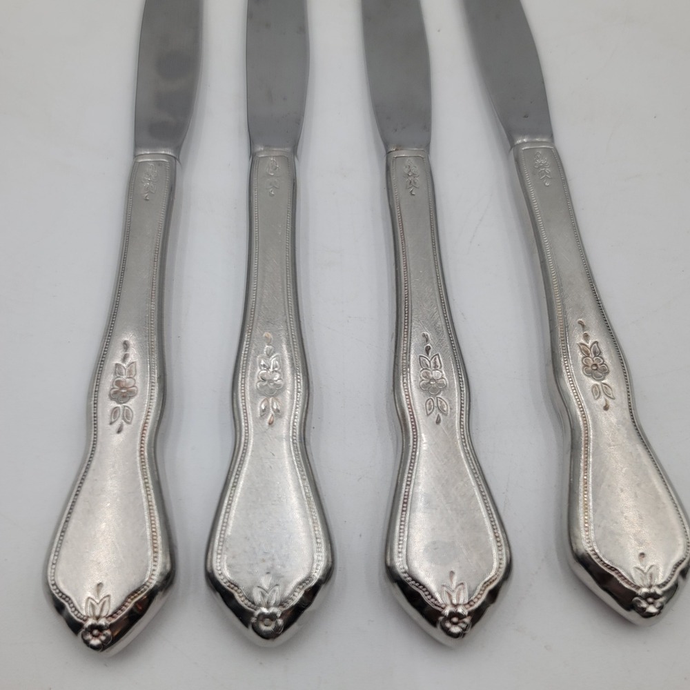 4pc Oneida Morning Blossom Stainless Steel Dinner Knives Floral 9 inch - Picture 3 of 4